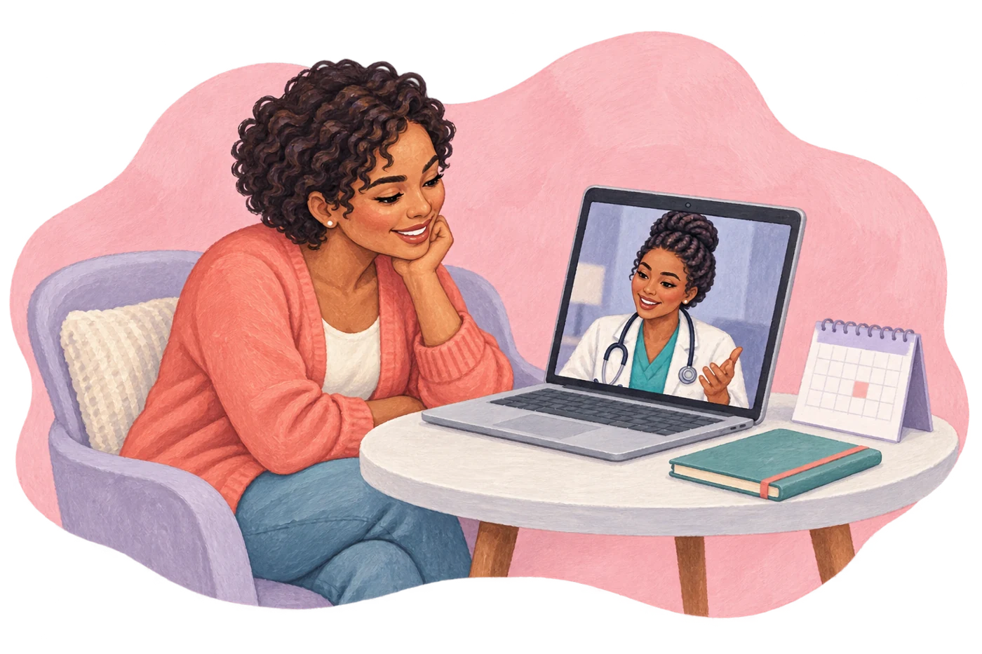 A woman checking in with her healthcare provider by video call